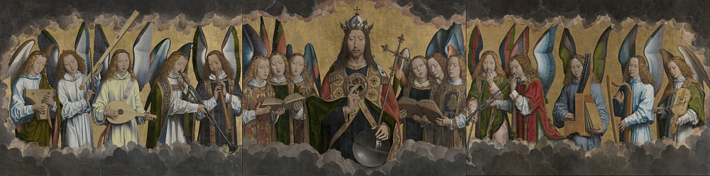 Schilderij Christus met zingende en musicerende engelen van Hans Memling